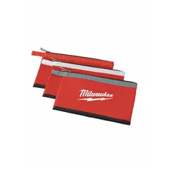 Set of three red canvas flat zippered tool bags, each measuring 12 1/2 inches wide by 3/4 inches deep by 8 inches high. Each bag includes one inside pocket. Suitable for organizing and carrying small tools, fasteners, or accessories on job sites.
