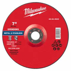 This MILWAUKEE grinding wheel is a Type 27 wheel with dimensions 7" x 1/4" x 7/8", made of aluminum oxide abrasive at 30 grit. It is designed for general-purpose grinding on carbon and stainless steel. Typical applications include weld preparation, deburring, and surface blending in fabrication and maintenance tasks.