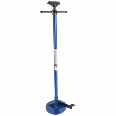 This auxiliary tripod stand is constructed from steel with a round base and a 0.75 ton load capacity. It features a threaded rod with T-handle lifting actuator for precise height adjustment. Commonly used to support loads during maintenance, assembly, or repair tasks in garage and workshop environments.