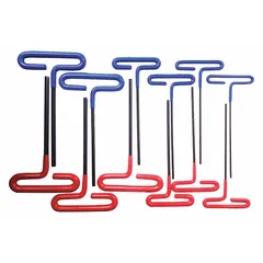 This T-shaped hex key set includes 12 pieces with both metric and SAE sizes, each featuring standard and long ends. The keys have a black oxide finish for corrosion resistance. The T-handle design provides increased torque for tightening or loosening hex socket screws and bolts in mechanical assembly and maintenance tasks.