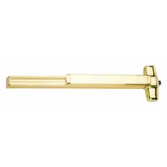 Rim-type exit device with touchbar style, constructed with brass material. Includes night latch outside trim. ADA compliant. Suitable for commercial egress applications on doors up to 3 ft wide.