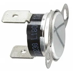 Thermal fuse for Electrolux dryers and washer-dryers. Interrupts the electrical circuit when excessive temperature is detected, serving as a safety device to prevent overheating. Used in laundry equipment repair and maintenance.