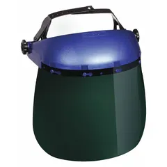 This welding faceshield features a green, uncoated, reusable acetate visor measuring 8 inches in height and 12 inches in width. The blue headgear provides secure single-crown mounting. Suitable for general industrial tasks requiring eye and face protection from impact and splash hazards.
