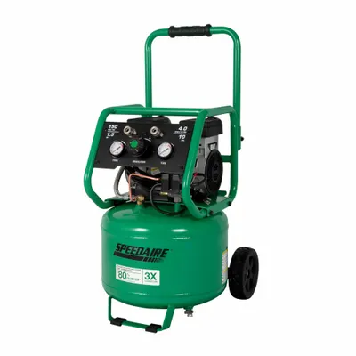 SPEEDAIRE Air Compressor: Quiet, Oil Free, 10 gal, Vertical, 1.5 hp, 4 cfm @ 90 psi - Wheeled Portable Electric Air Compressors