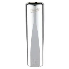This 6-point deep socket has a 3/8 in drive and 13 mm size, made of chrome. Its anti-roll design prevents rolling on sloped surfaces. Commonly used for reaching recessed fasteners in maintenance and repair tasks.