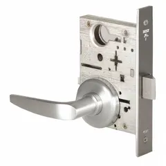 This passage lever lockset is designed for interior doors that do not require locking, such as closets or hallways. It features a satin chromium-plated stainless steel finish, is ADA compliant, and includes an interchangeable core for easy rekeying. The lockset has ANSI function code F01 and style 40H.