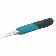 Stainless steel ESD-safe tweezers with a round, straight tip measuring 0.38 mm thick. Suitable for handling small components in electronics assembly, laboratory work, and similar precision tasks where electrostatic discharge protection is required.