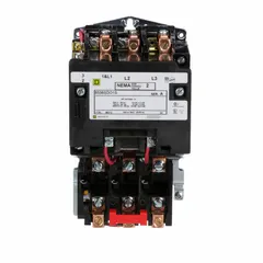 Non-reversing magnetic motor starter for three-phase motors. NEMA Size 2, 45 A, 3 poles, 24V AC coil. Screw clamp terminals. Requires three melting alloy thermal units (not included). Suitable for starting and stopping motors in applications such as conveyors, pumps, and compressors.