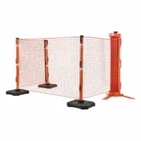 This portable barrier and safety fence system is constructed of steel with a mesh size of 1.25 in x 1.5 in. It measures 57 1/2 inches in overall height and 50 feet in overall length, finished in orange. Typical applications include temporary safety barriers, crowd control, and marking hazards in industrial environments