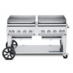 This wheeled griddle features 8 burners with a total heating capacity of 129,000 BtuH, operating on a 20 lb propane tank. With an overall height of 43 1/4 inches, it is suited for outdoor cooking applications such as catering, events, and food service where portable high-volume cooking is required.
