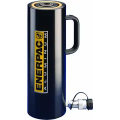 Single-acting hydraulic ram cylinder with 100 ton nominal capacity and 2 in nominal stroke. Constructed from aluminum for reduced weight. Used for lifting, pressing, and clamping in confined spaces requiring high force output.
