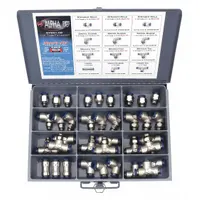 This 36-piece push-to-connect tube fitting kit includes connector, elbow, tee, and union fittings made of brass. It is used for building and repairing pneumatic systems, enabling quick, tool-free assembly of tube connections in industrial automation, packaging, and material handling applications