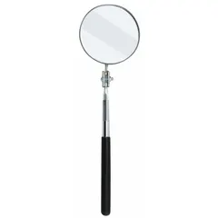 ULLMAN S-2 inspection mirror with a 3 1/4-inch diameter round glass mirror. Used for viewing hard-to-see areas in confined or obstructed spaces, such as behind machinery, under vehicles, or inside ducts.