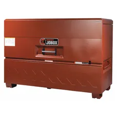 This piano-style jobsite box provides 60.3 cu ft of storage capacity for tools and equipment. It features a padlock-ready hasp (lock not included) and is finished in brown. Typical applications include securing large items on construction or industrial job sites.