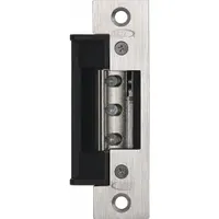 This electric strike accommodates both cylindrical and mortise locksets, with a stainless steel faceplate measuring 4 7/8 inches in height. It operates on 11 to 16V AC input and carries a Performance Duty Rating of 1 (Heavy Duty), suitable for high-traffic door openings in commercial and industrial access control systems
