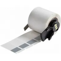 Precut wraparound label made of gray matte vinyl, measuring 1-1/2 in x 3/4 in. Designed for wire gauges 10 AWG to 4 AWG. Compatible with BMP61 printer series and requires M61-R4310 ribbon. Used for permanent identification of wires in industrial panel building, electrical maintenance, and OEM wire marking applications