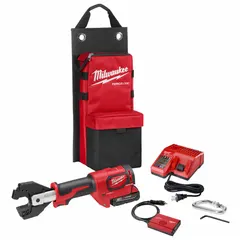 M18 battery-powered inline C-head cable cutter rated for 750 MCM copper and 1,000 MCM aluminum cable. Includes a 2 Ah battery. Used for cutting large-gauge electrical cables in industrial, commercial, and utility installations.