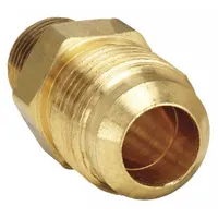 Brass 45-degree flare tube elbow with flared/threaded connection, designed for joining 3/4-inch OD tubing to 3/4-inch pipe thread. Complies with SAE J513 standards. Suitable for use in hydraulic, pneumatic, fuel, and instrumentation systems. Supplied as a 10-pack