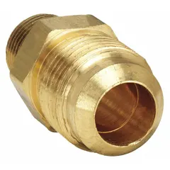 Brass 45-degree flare tube elbow with flared/threaded connection, designed for joining 3/4-inch OD tubing to 3/4-inch pipe thread. Complies with SAE J513 standards. Suitable for use in hydraulic, pneumatic, fuel, and instrumentation systems. Supplied as a 10-pack.