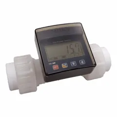Inline paddlewheel flowmeter for chemicals and corrosive fluids. Polypropylene body with FNPT connections, Viton seal, and LCD display. Accuracy ±0.5%, max voltage 3V DC, measures in liters. Fits pipe sizes 3/4 to 1 inch, universal mounting orientation.