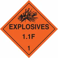 This BRADY placard measures 10 3/4 inches by 10 3/4 inches and displays the message 'Explosives 1.1 F 1'. It is used for identifying containers holding Class 1 explosives in transportation and storage applications, helping meet DOT placarding requirements