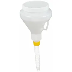 This spout funnel has a 32 fl oz fluid capacity and is made of clear polyethylene. It includes a 7-inch flex spout and has an overall diameter of 4 1/8 inches. Suitable for transferring and measuring fluids in vehicle maintenance and industrial settings.