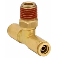 Brass adapter-type push-fit tee fitting with three ports: two 1/4 in OD tube ends and one 1/4 in pipe thread. Designed for air brake systems in heavy-duty trucks and trailers, providing leak-resistant connections without special tools or sealing compounds