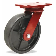 Swivel caster with brake, 8 in diameter, 2 in wide tan nylon wheel, 9 3/4 in mounting height, rectangular plate. Kingpinless design for heavy loads. Suitable for bakeries, kitchens, laundries, and other heat-exposed industrial environments.