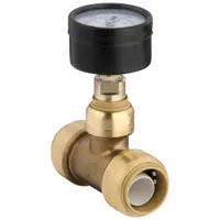 Standard brass push-to-connect tube fitting with tee configuration. Connects two 1/2 in OD tubes and provides a branch outlet for adding a pressure gauge or other device. Suitable for use with copper, PEX, or CPVC tubing in plumbing and HVAC systems