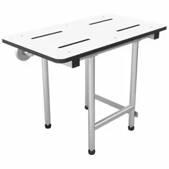 This shower bench is constructed with phenolic and stainless steel for moisture resistance. It has a maximum seat width of 24 inches and a weight capacity of 800 lb. Suitable for use in commercial and healthcare wet areas such as hospitals, nursing homes, and fitness facilities.