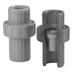 PVC air release valve with 3/4 in threaded female inlet connection. Automatically vents trapped air from piping systems. Suitable for use with hazardous liquids in applications requiring corrosion-resistant PVC construction.