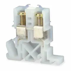 DIN rail mountable pass-through block with screw clamp wire termination. Accommodates two wire terminals with a minimum wire size of 18 AWG. Used for connecting and distributing wires in control panels and automation systems.
