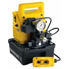 This corded electric hydraulic pump unit delivers up to 5000 psi operating pressure and 25 cu in/min flow rate, powered by 115V AC. It includes a Hold function to maintain pressure. Designed for powering hydraulic cylinders, vises, and workholding systems in industrial clamping and fixture applications.