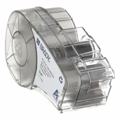 Black-on-white nylon wraparound label cartridge for wire diameters from 0.5 in to 1.45 in. Compatible with M210 printer series; requires R4300 ribbon. Used for identifying wires and cables in industrial electrical and maintenance applications.