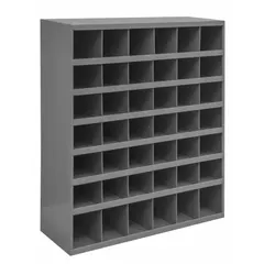 This steel shelving unit features 42 fixed-size compartments with lipped edges for secure storage of small parts, mail, or documents. The gray powder-coated finish provides a durable surface suitable for industrial, warehouse, and office environments. Dimensions: 34 in x 12 in x 42 in.