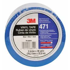 Solid blue vinyl tape with no printed legend, 3 inches wide by 108 feet long, 5.2 mil thickness. Used for color-coded aisle marking, hazard identification, and area delineation in industrial facilities.