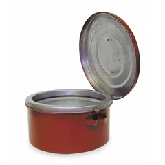 This bench can is constructed from powder coated steel in red, with a 1/2 gallon capacity. It is used for safe handling and dispensing of flammable liquids in industrial settings such as workbenches in machining, maintenance, and laboratory environments.