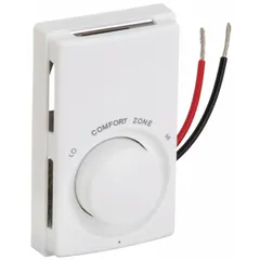 Wall-mount thermostat for electric baseboard heaters. Mechanical selector dial adjusts room temperature from 50° to 80°F. Single-pole design operates on 120/208/240/277V AC circuits. White housing.