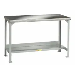 This LITTLE GIANT workbench features a stainless steel top and lower shelf, with an overall load capacity of 5,000 lb. The 48 in x 30 in work surface provides a corrosion-resistant area for assembly, maintenance, and laboratory tasks in industrial settings.