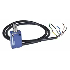 This top-mount limit switch from the XCMD series uses a steel roller plunger actuator for position sensing in industrial automation. The non-metallic body and removable cable connector facilitate flexible wiring installation. Typical applications include detecting the presence or position of moving machine parts in packaging, material handling, and other automated systems.