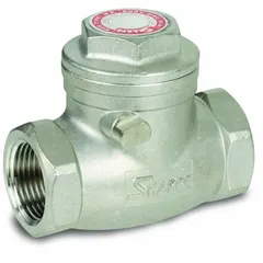 This SHARPE swing check valve features a 2-way inline body with 3/4 in FNPSM connections and a metal seat. The stainless steel construction allows use in piping systems requiring backflow prevention at temperatures up to 350°F. Suitable for general industrial applications where flow direction control is needed.