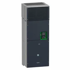 Three-phase variable frequency drive rated 350 hp with three-phase output. IP21 enclosure for indoor use. Compact black/green style without bypass. Suitable for speed and torque control of induction motors in applications such as conveyors, pumps, fans, and compressors.