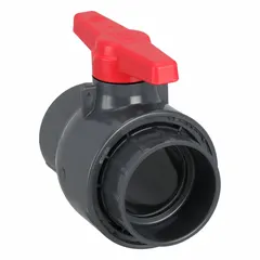 This 4-inch PVC ball valve features a straight, socket x socket configuration and is rated for a maximum pressure of 150 psi (CWP). It is used for manual on/off or flow control in industrial fluid-handling systems where corrosion resistance is required.