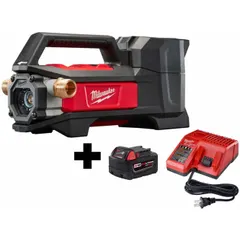 This cordless transfer pump operates on 18 V and delivers a maximum flow rate of 8 gpm. It features 3/4 in Male GHT inlet and outlet connections. The kit includes a charger. Typical applications include dewatering, draining tanks, and transferring water or non-flammable liquids in areas without AC power.
