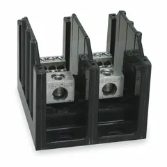 Open-style power distribution block with lug-to-lug connections for surface mounting. Accepts line-side wire sizes from 14 AWG to 2/0 AWG. Aluminum construction. Used to distribute power from a single input to multiple outputs in control panels and switchgear.