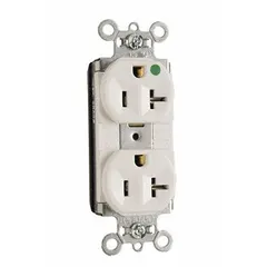 Duplex general purpose receptacle rated 125V AC, 15 A, 5-20R, 2 pole / 3 wire with grounding. White finish. Suitable for use in commercial and institutional settings requiring standard 20A T-slot configurations.