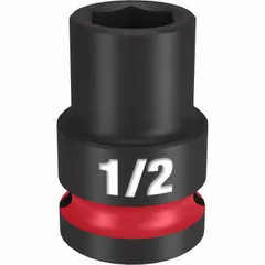 This 1/2" drive impact socket features a 1/2" SAE hex size with a 6-point configuration and friction retention mechanism. Designed for use with impact tools, it is suitable for fastening and loosening fasteners in automotive, construction, and maintenance applications.