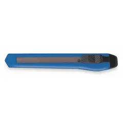 Set of 10 snap-off knives with 9mm plain straight blades. Each knife stores one blade with 12 snap-off segments for quick edge renewal. Blue plastic handle. Suitable for cutting cardboard, drywall, plastic strapping, and packaging materials.