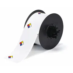 Precut vinyl label roll measuring 2 1/4 in x 2 1/4 in in Blue/Red/White/Yellow with acrylic adhesive. Designed for use with the i5300 printer series, these blank legend labels allow custom text area creation for facility safety and compliance marking.