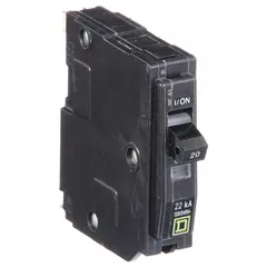 Plug-in miniature circuit breaker from the QO Series, rated 20 A, single-phase, 120/240V AC with a maximum interrupting rating of 22kA at 120/240V AC. Single-pole unit for overcurrent protection in QO Load Centers and NQ Panelboards.